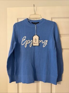 DUFFIELD LANE Blue 'Epping' Script Crewneck Sweater size XS brand new
